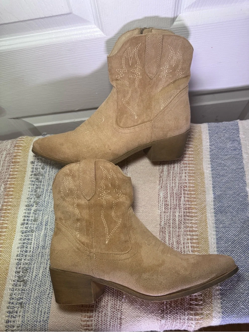Women's Suede Tan Western Ankle Booties with Low Block Heel